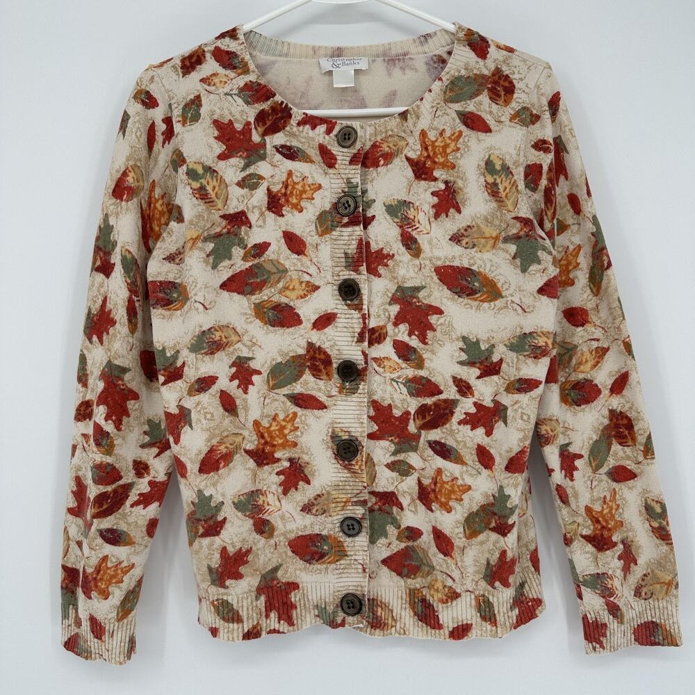 Christopher & Banks Womens M Fall Leaf Print Button Front Cardigan Sweater Knit